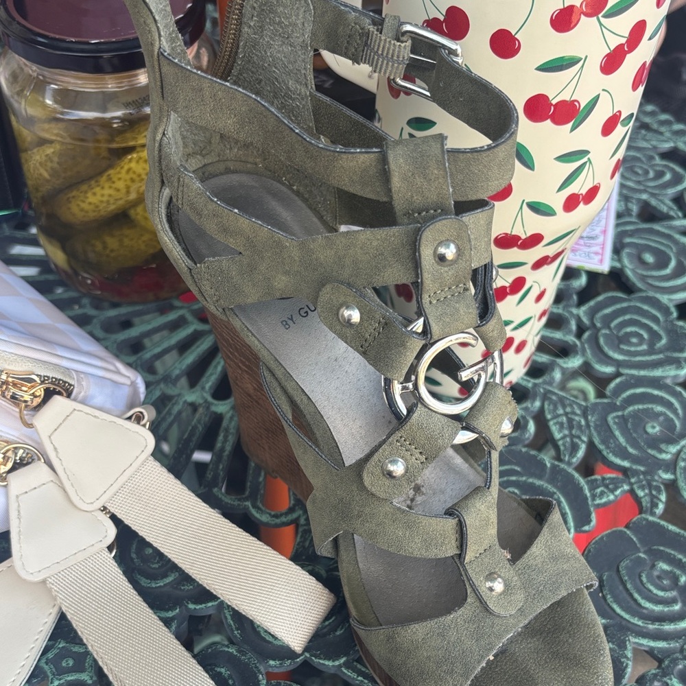 G by Guess Khaki Suede Strappy Heels